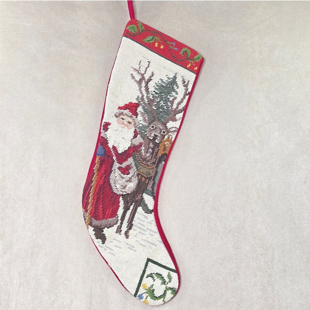 Vintage Needlepoint Christmas Stocking Santa Claus and Reindeer Red Velvet Back
